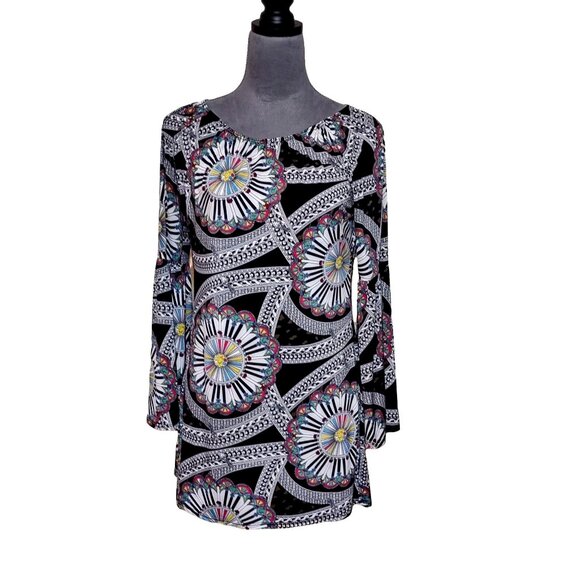 Bell Sleeve GoGo Mini Dress Multicolor Black GoGo Slinky Medallion Stretch Small - Picture 2 of 6